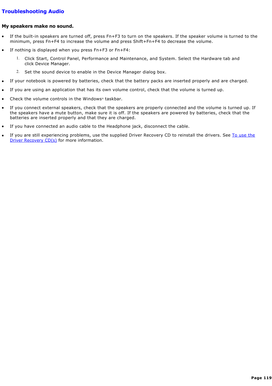 My speakers make no sound | Sony PCG-FXA59 User Manual | Page 119 / 131