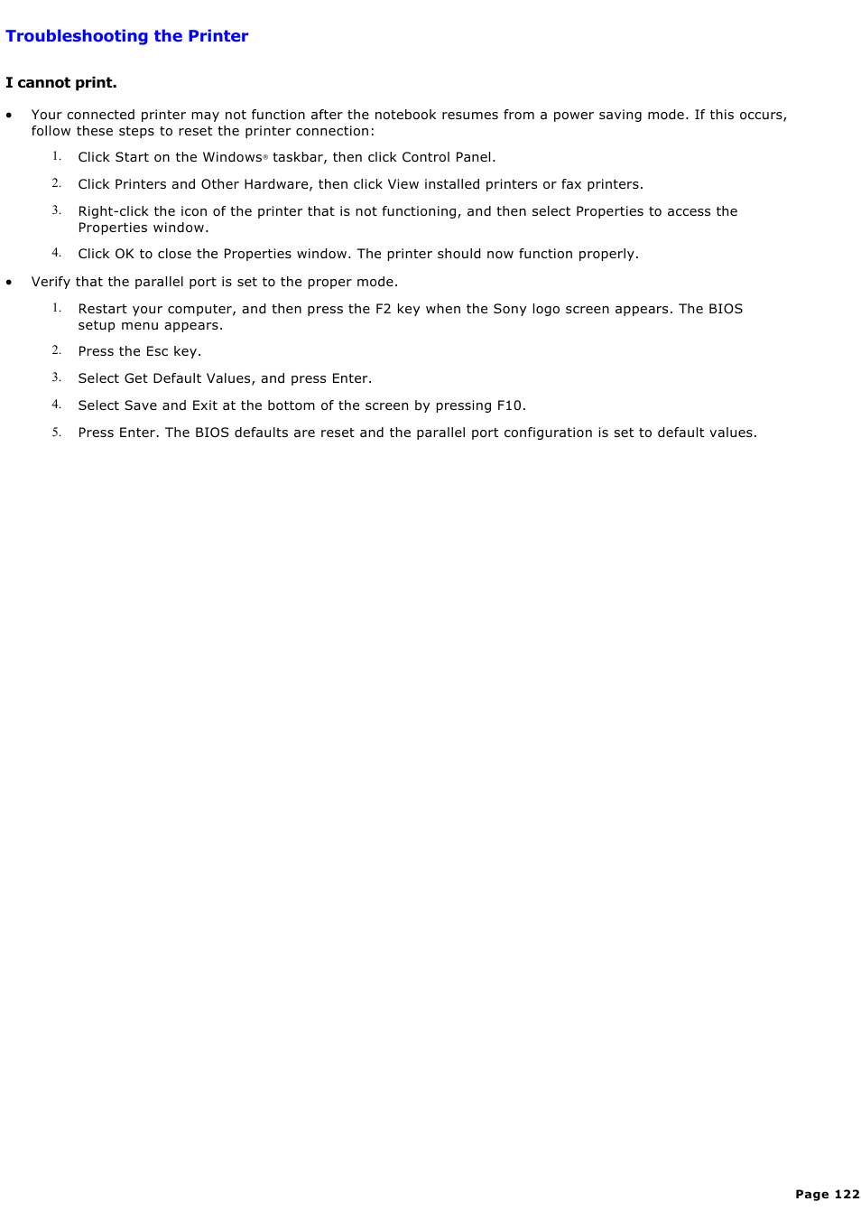 Troubleshooting the printer | Sony PCG-FXA59 User Manual | Page 122 / 131