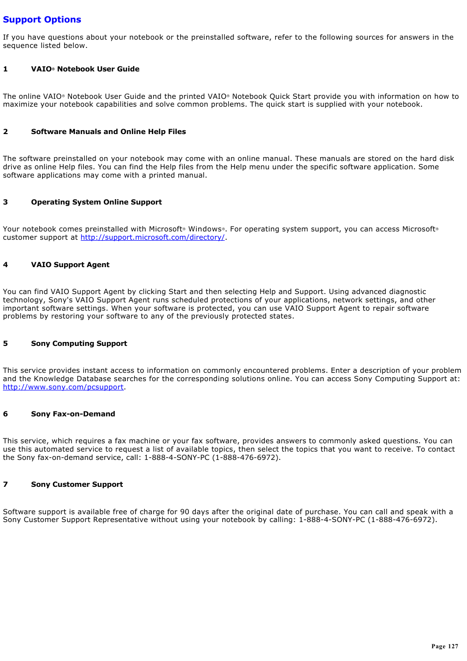 Support options | Sony PCG-FXA59 User Manual | Page 127 / 131