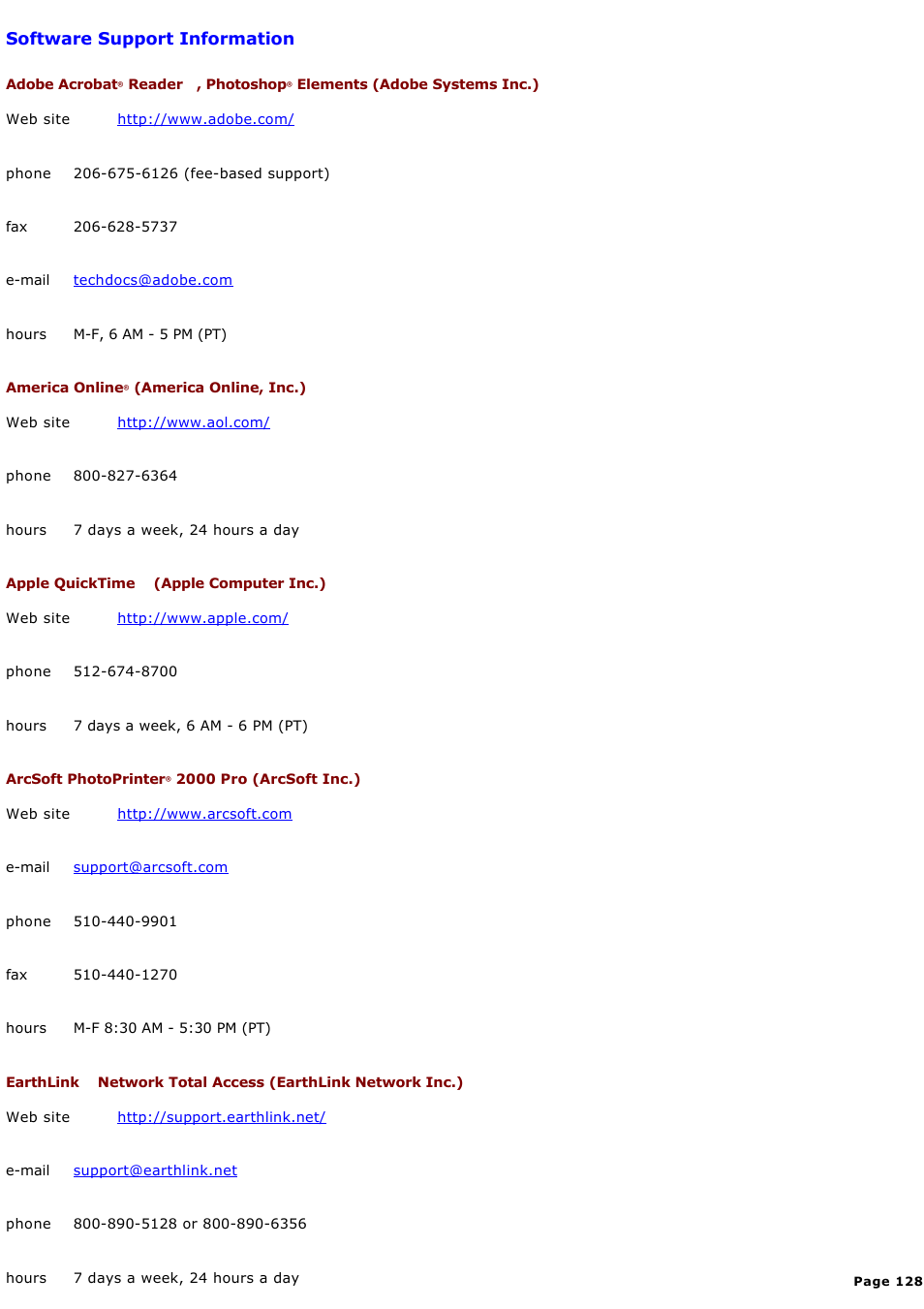 Software support information | Sony PCG-FXA59 User Manual | Page 128 / 131