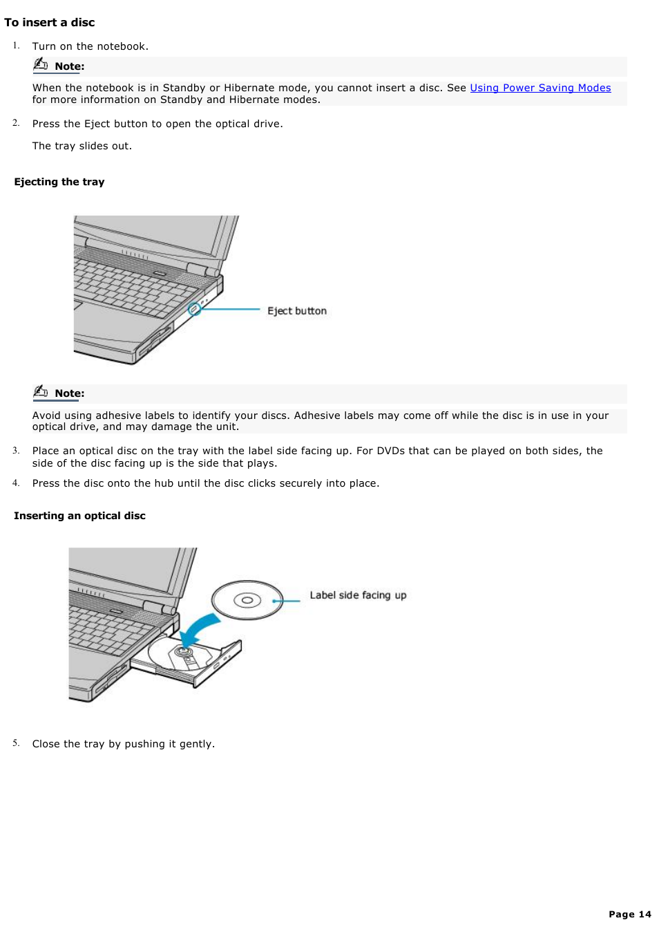 To insert a disc | Sony PCG-FXA59 User Manual | Page 14 / 131