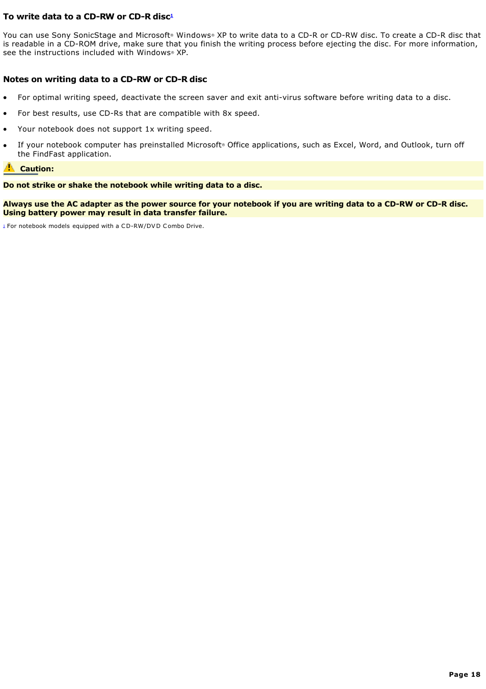 To write data to a cd-rw or cd-r disc | Sony PCG-FXA59 User Manual | Page 18 / 131