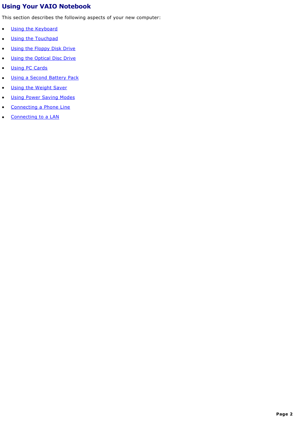 Using your vaio notebook | Sony PCG-FXA59 User Manual | Page 2 / 131