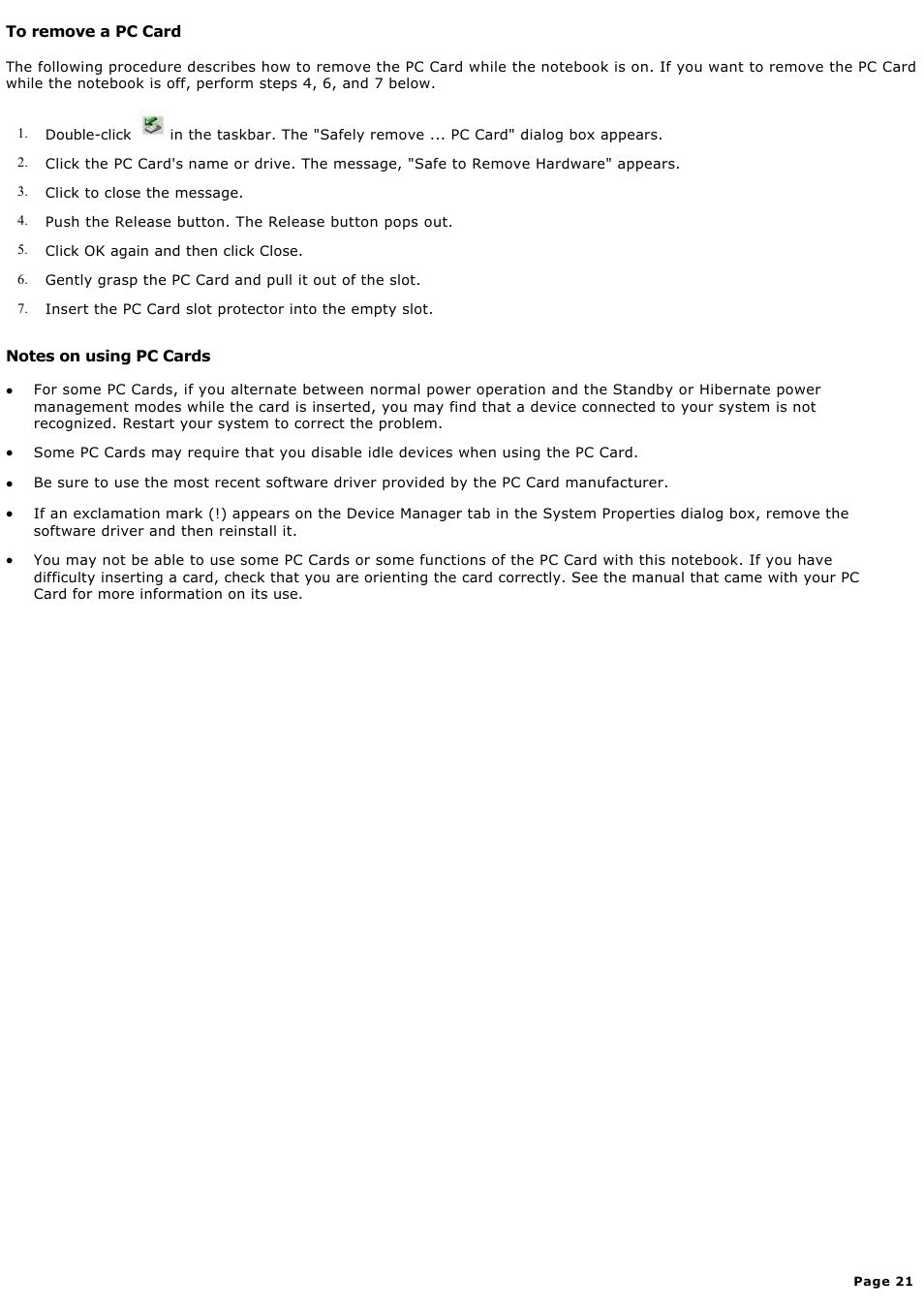 To remove a pc card | Sony PCG-FXA59 User Manual | Page 21 / 131