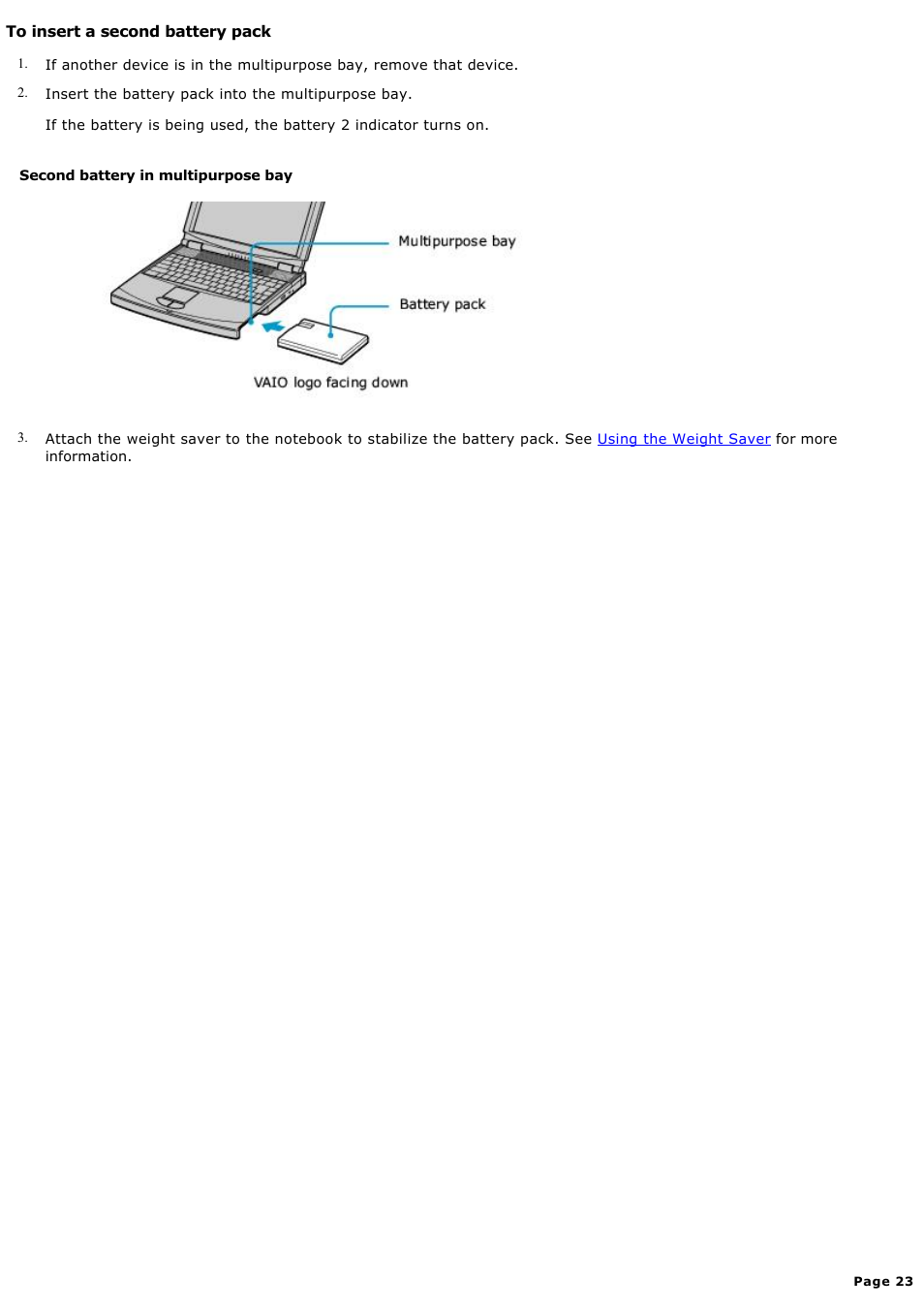 To insert a second battery pack | Sony PCG-FXA59 User Manual | Page 23 / 131