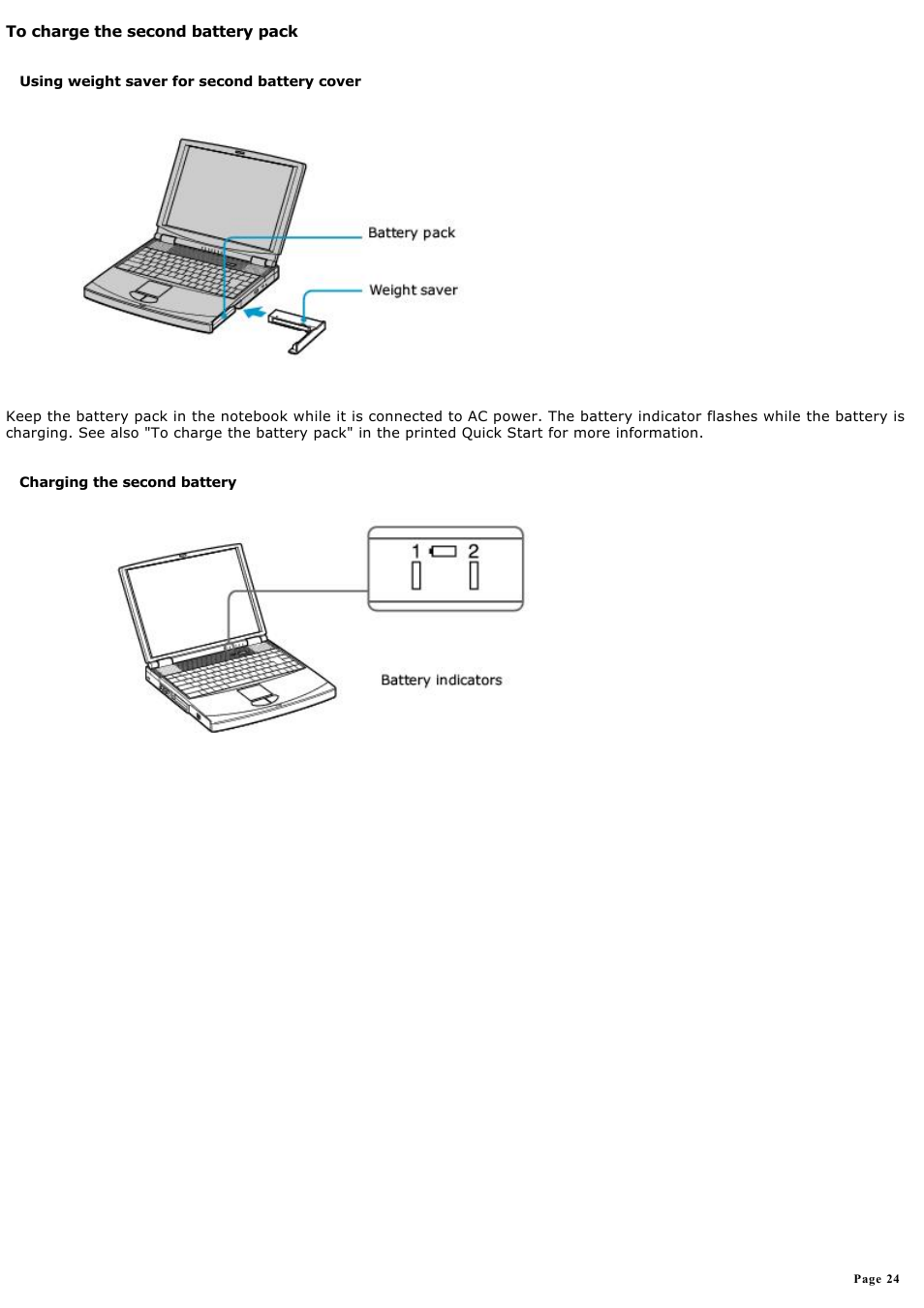 To charge the second battery pack | Sony PCG-FXA59 User Manual | Page 24 / 131