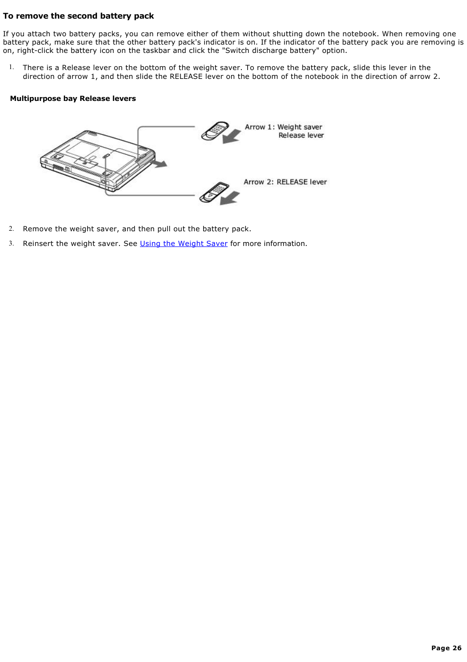 To remove the second battery pack | Sony PCG-FXA59 User Manual | Page 26 / 131