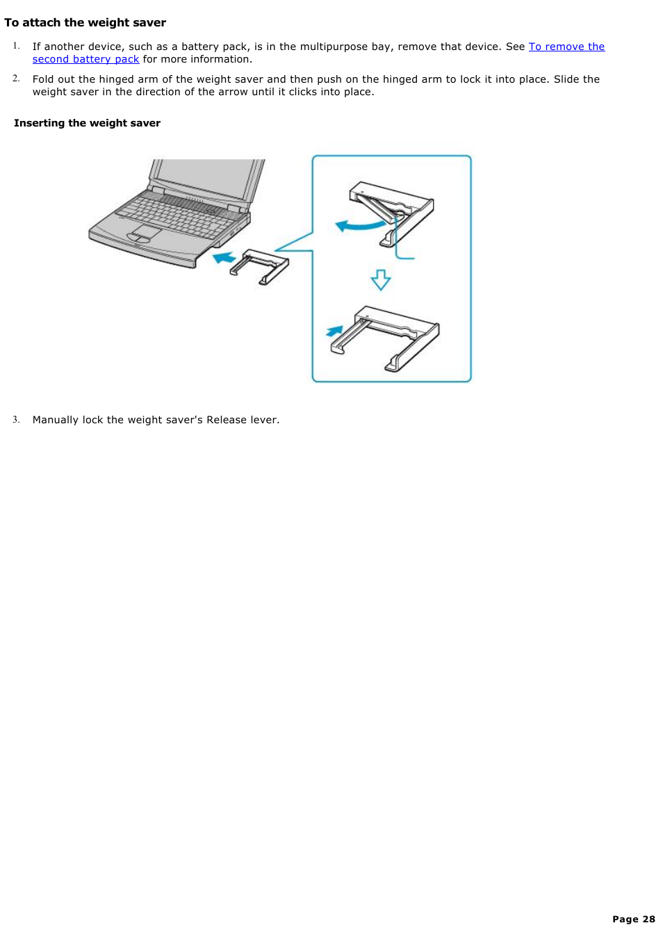 To attach the weight saver | Sony PCG-FXA59 User Manual | Page 28 / 131