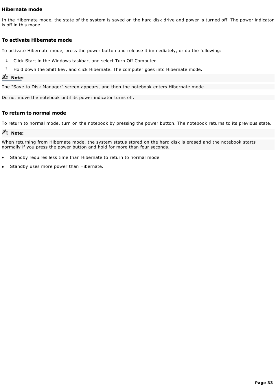 Hibernate mode | Sony PCG-FXA59 User Manual | Page 33 / 131