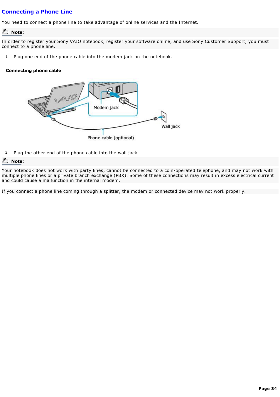 Connecting a phone line | Sony PCG-FXA59 User Manual | Page 34 / 131