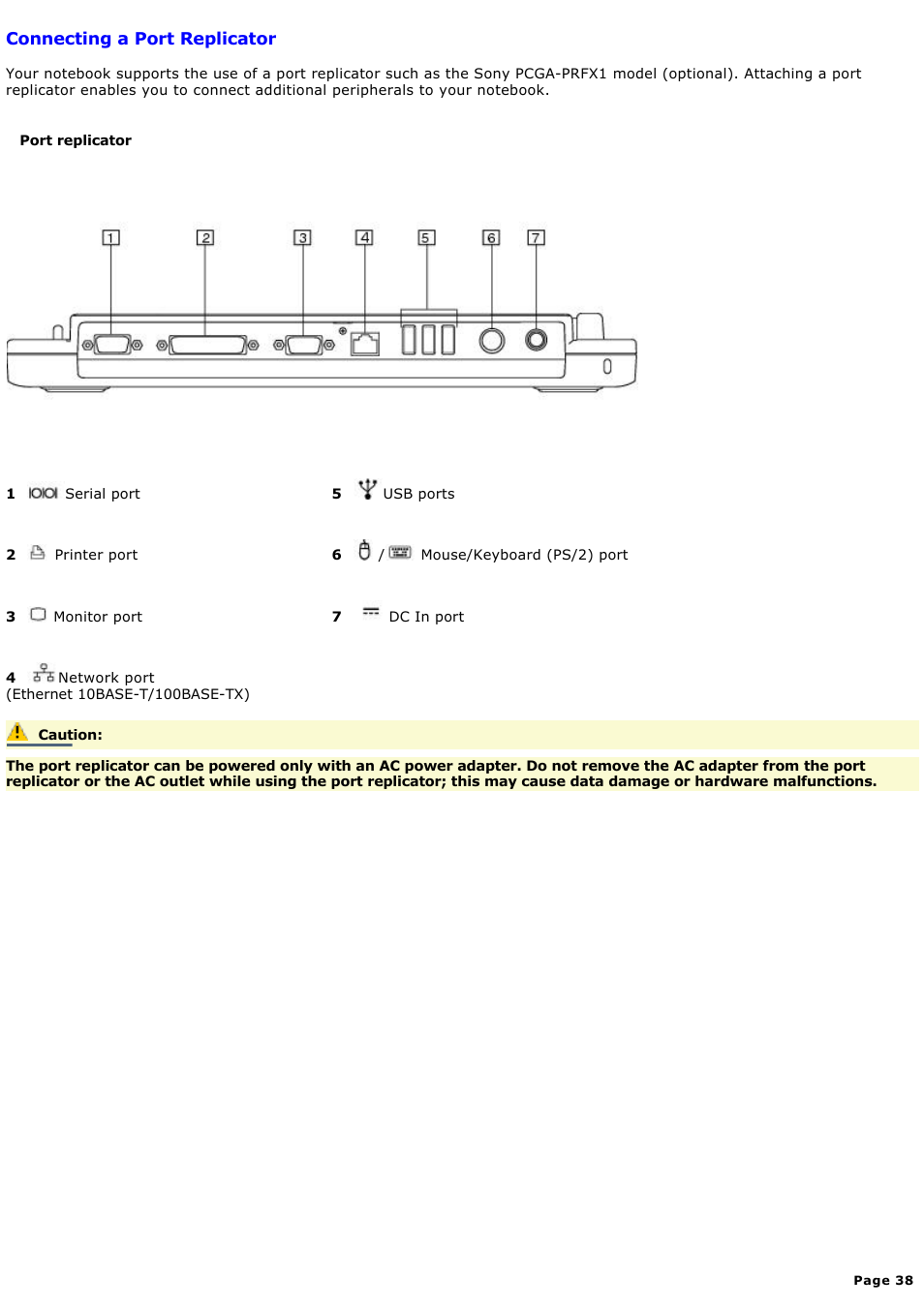 Connecting a port replicator | Sony PCG-FXA59 User Manual | Page 38 / 131