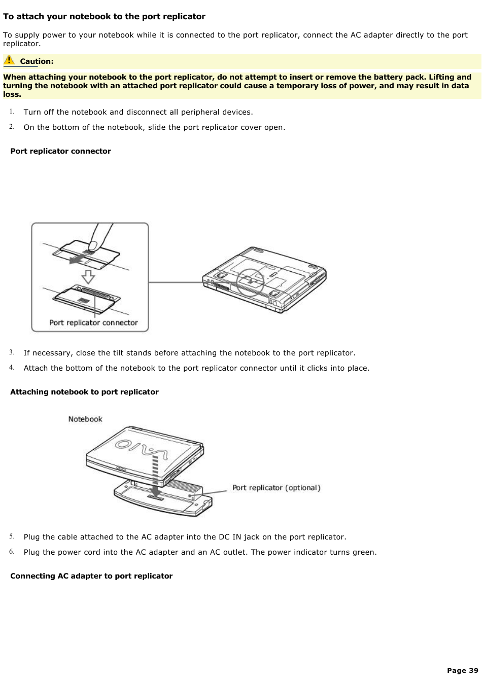 To attach your notebook to the port replicator | Sony PCG-FXA59 User Manual | Page 39 / 131