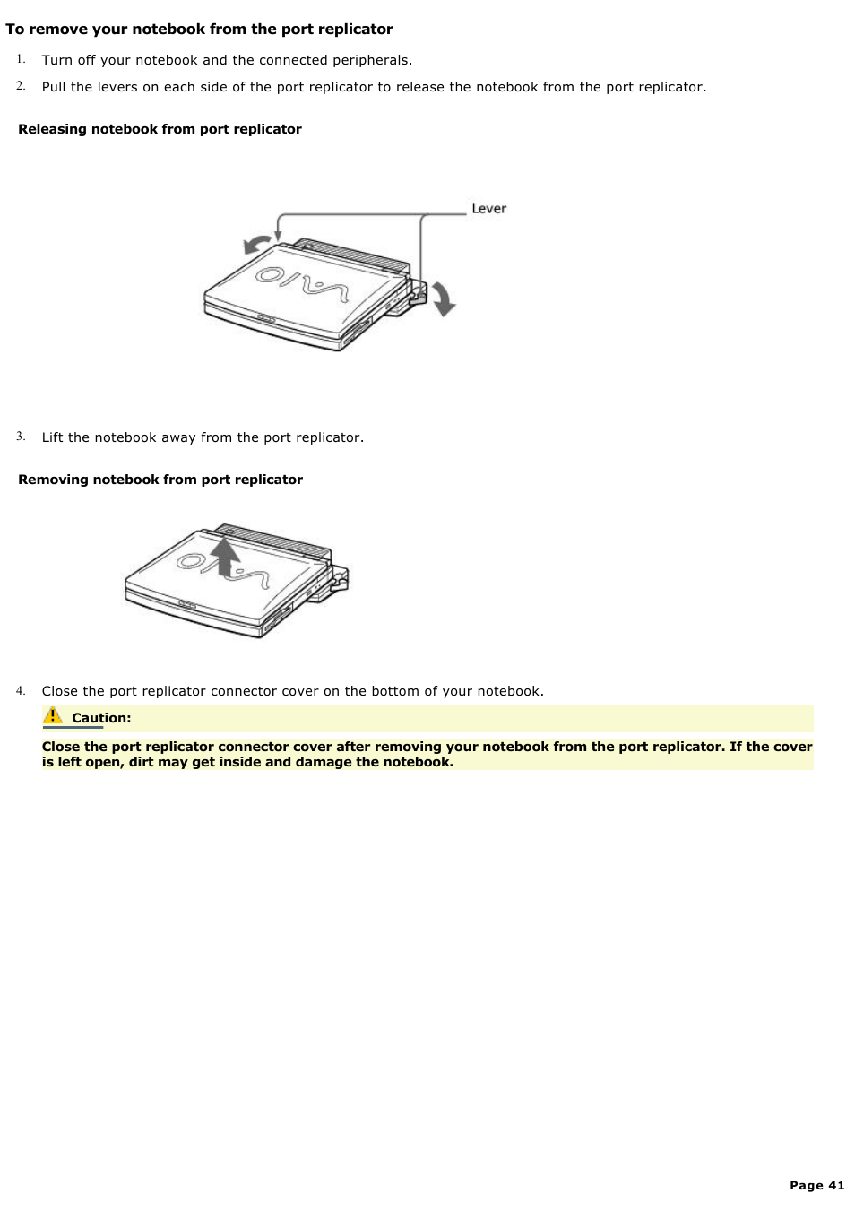 To remove your notebook from the port replicator | Sony PCG-FXA59 User Manual | Page 41 / 131