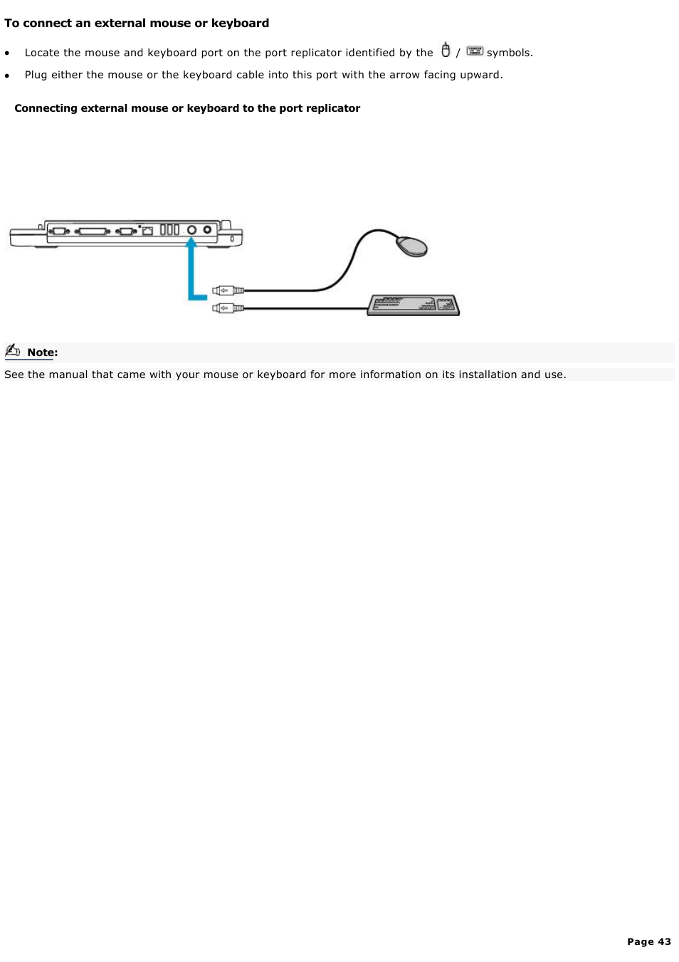 To connect an external mouse or keyboard | Sony PCG-FXA59 User Manual | Page 43 / 131