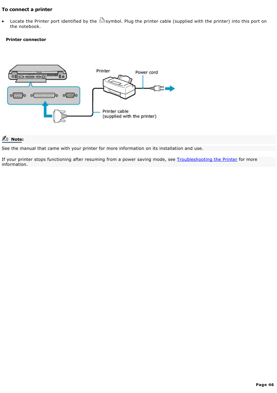 To connect a printer | Sony PCG-FXA59 User Manual | Page 46 / 131