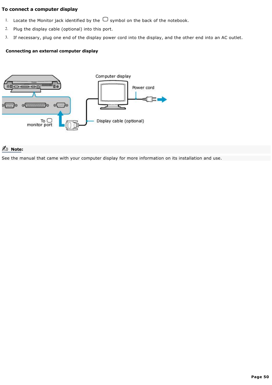 To connect a computer display | Sony PCG-FXA59 User Manual | Page 50 / 131