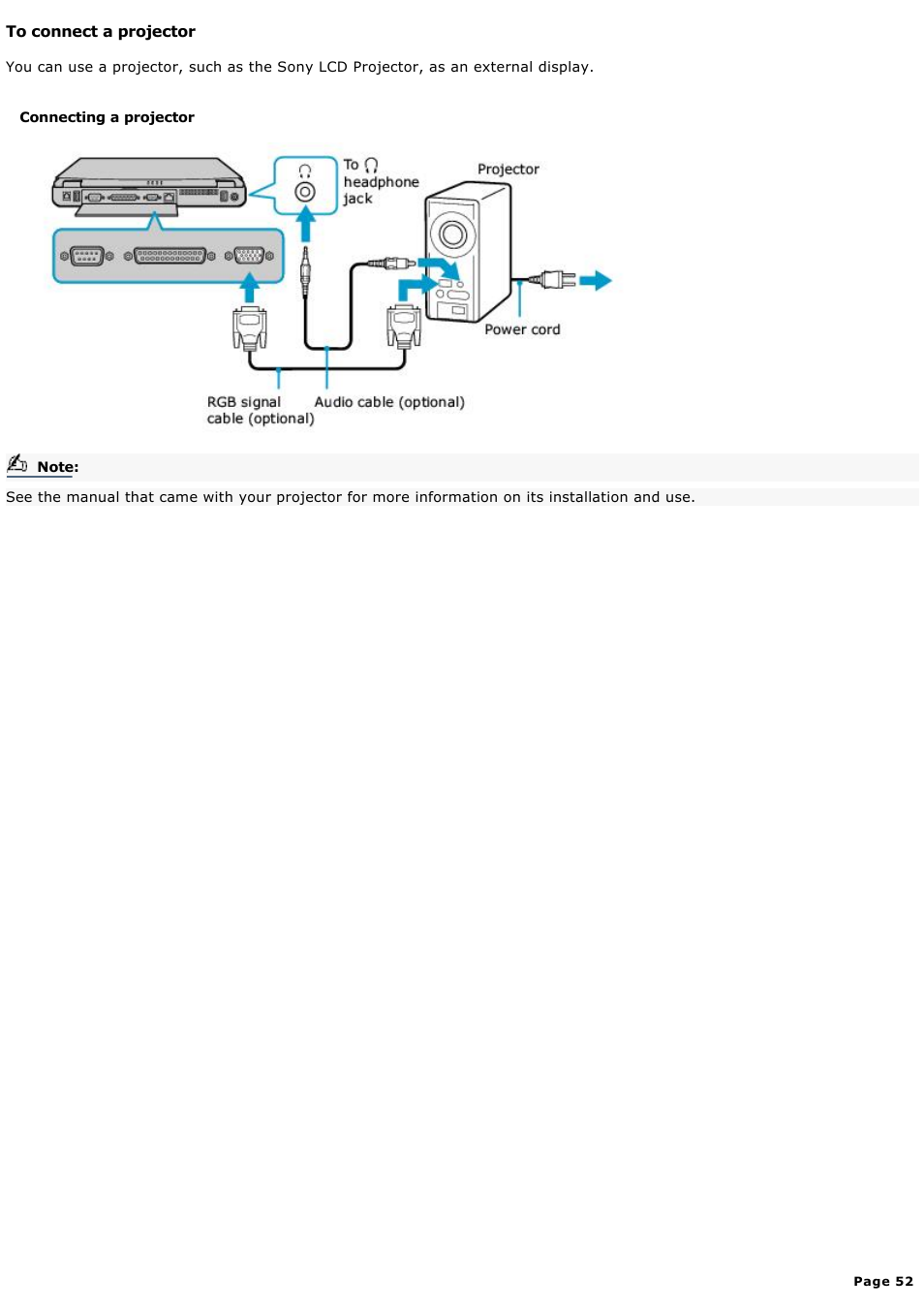 To connect a projector | Sony PCG-FXA59 User Manual | Page 52 / 131