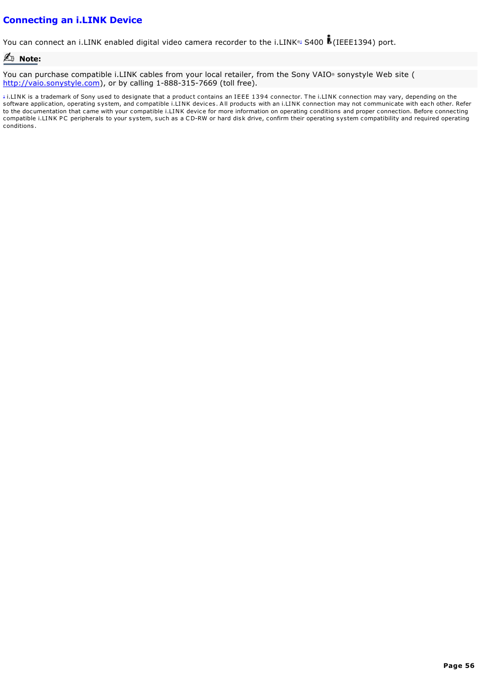 Connecting an i.link device | Sony PCG-FXA59 User Manual | Page 56 / 131