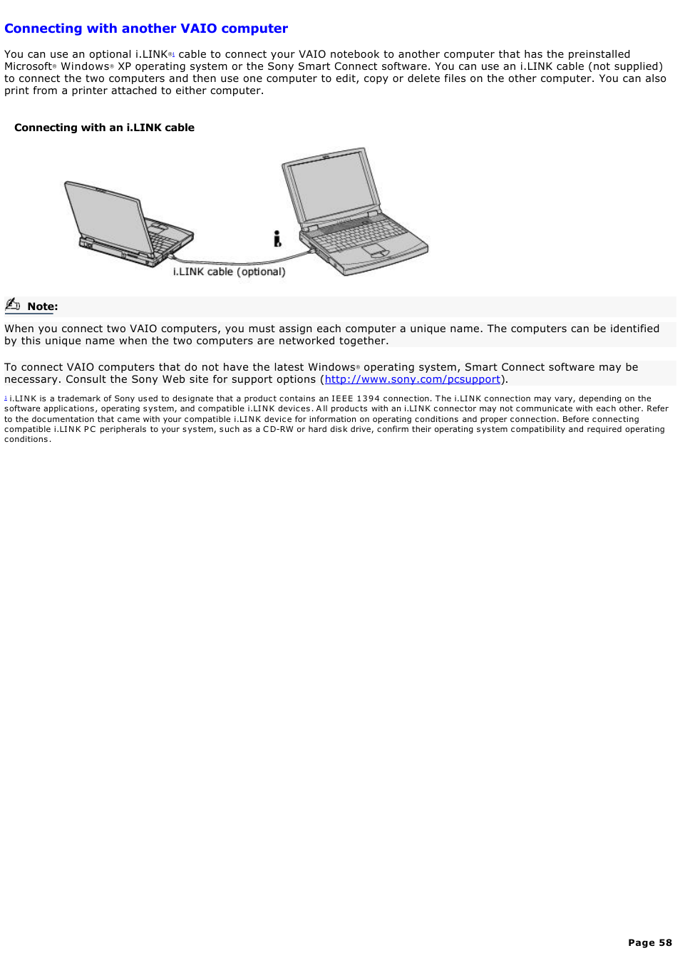 Connecting with another vaio computer | Sony PCG-FXA59 User Manual | Page 58 / 131