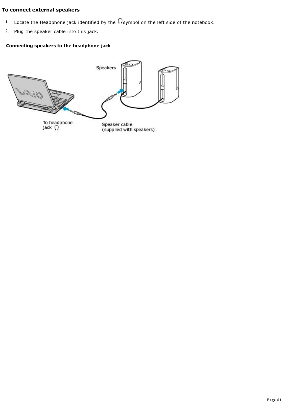 To connect external speakers | Sony PCG-FXA59 User Manual | Page 61 / 131