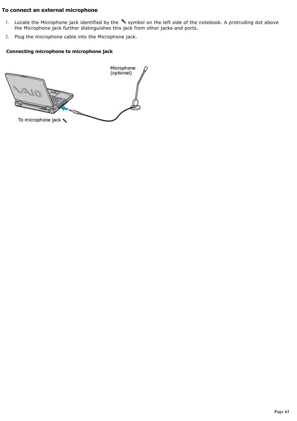 To connect an external microphone | Sony PCG-FXA59 User Manual | Page 63 / 131