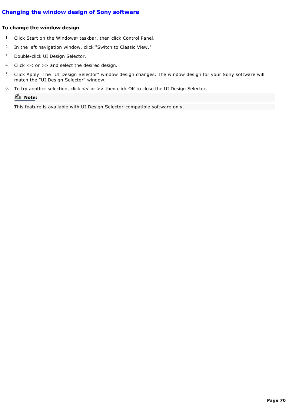 Changing the window design of sony software | Sony PCG-FXA59 User Manual | Page 70 / 131