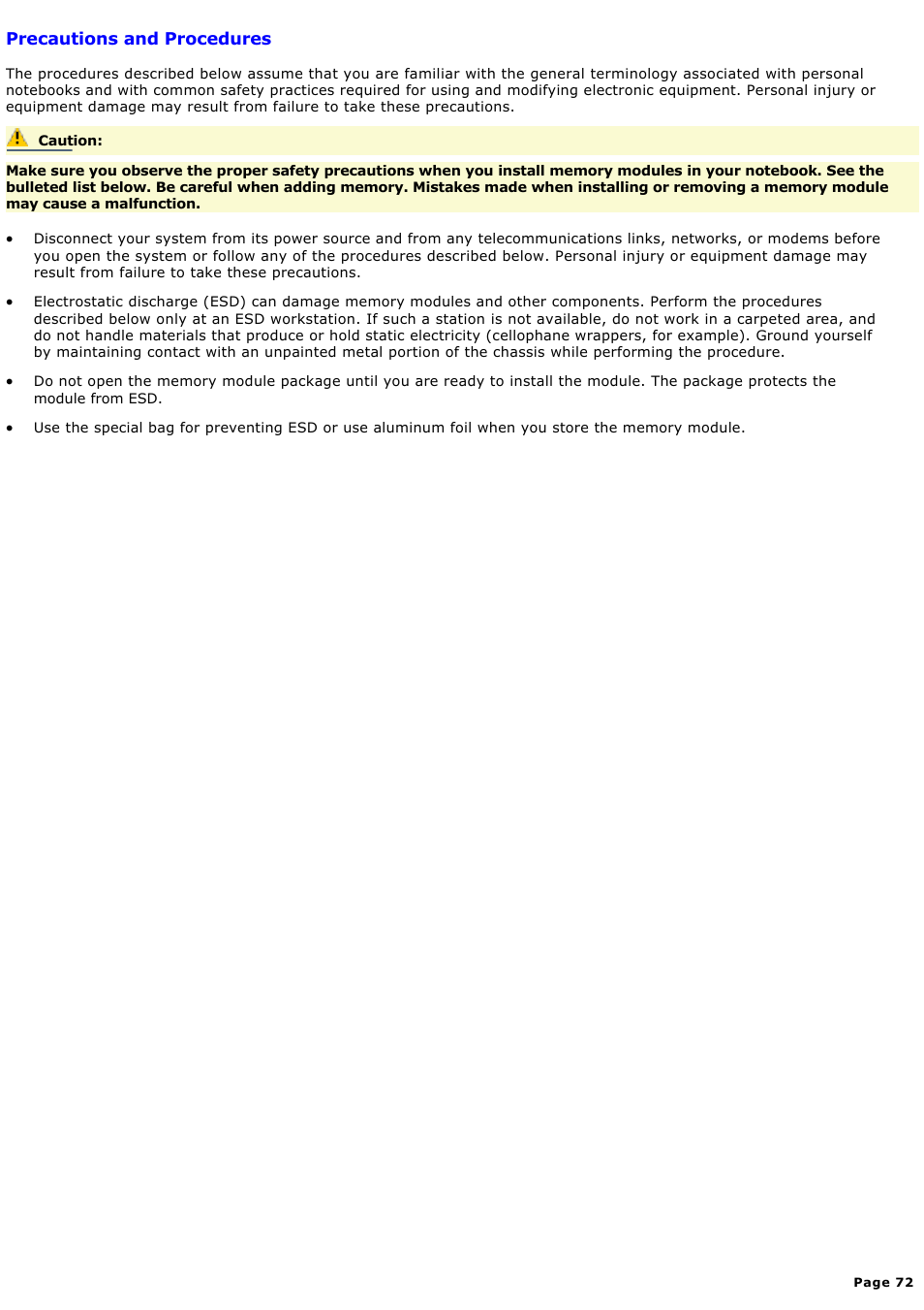 Precautions and procedures | Sony PCG-FXA59 User Manual | Page 72 / 131