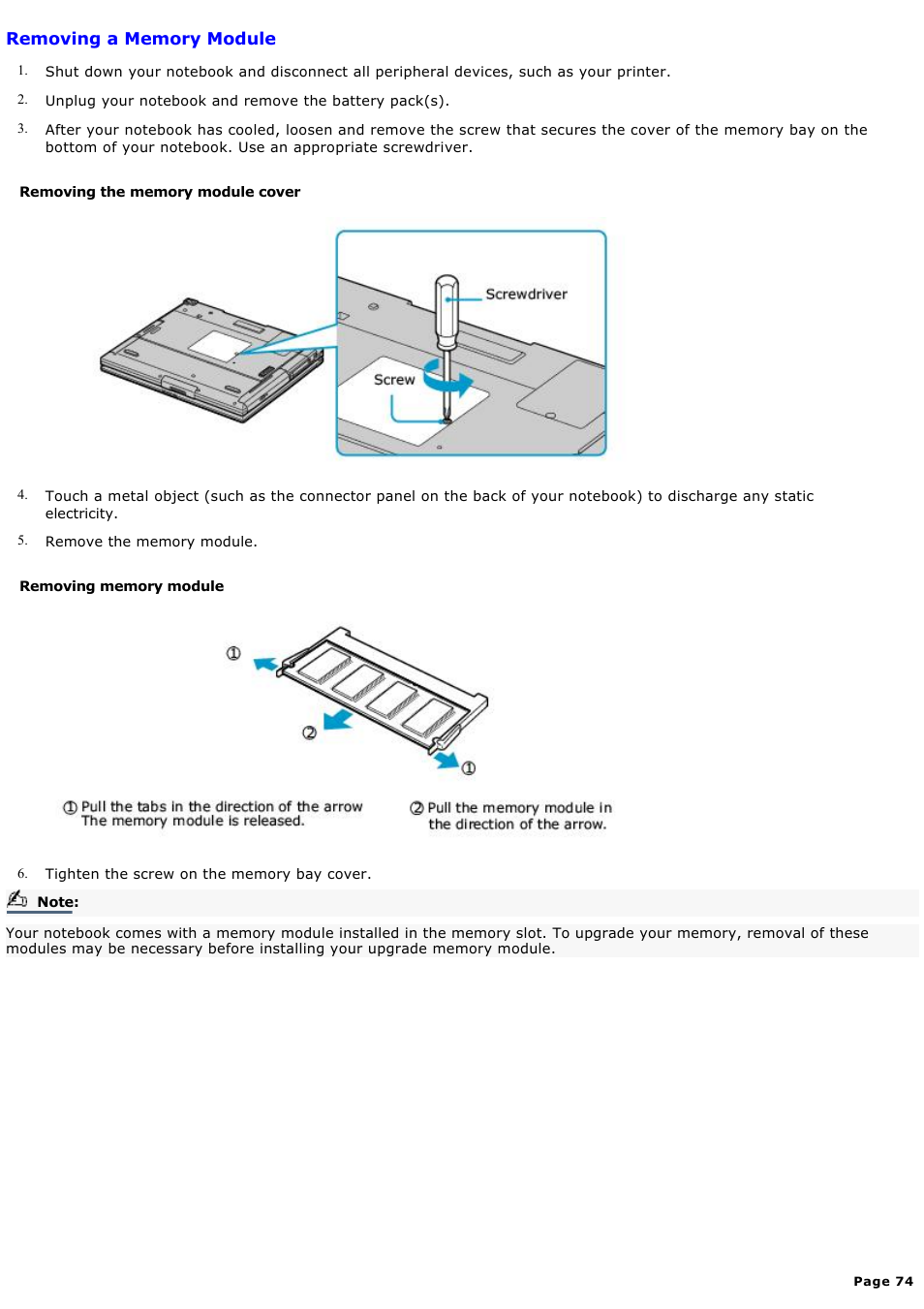 Removing a memory module | Sony PCG-FXA59 User Manual | Page 74 / 131