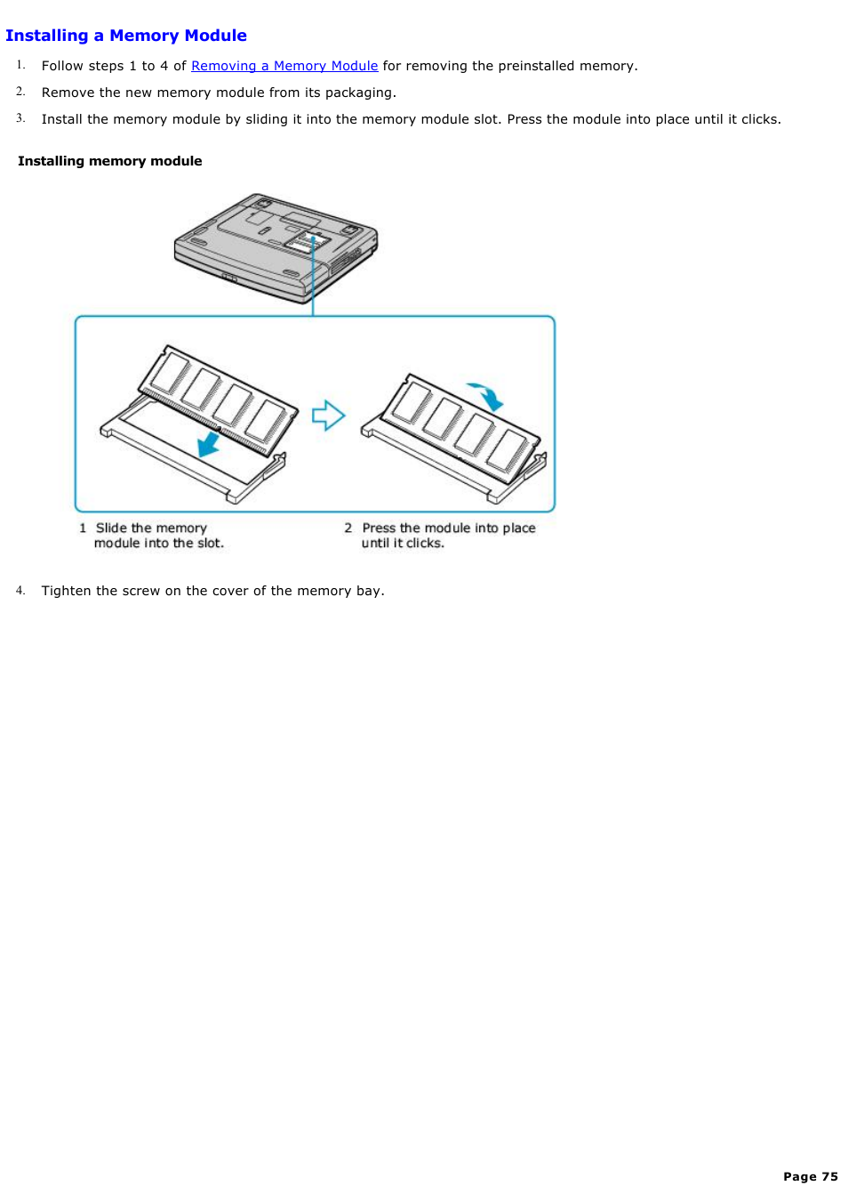 Installing a memory module | Sony PCG-FXA59 User Manual | Page 75 / 131