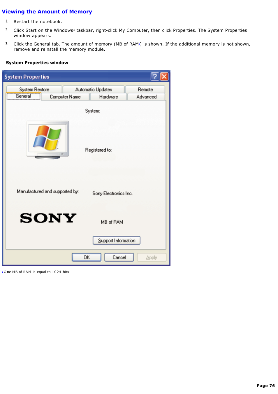 Viewing the amount of memory | Sony PCG-FXA59 User Manual | Page 76 / 131