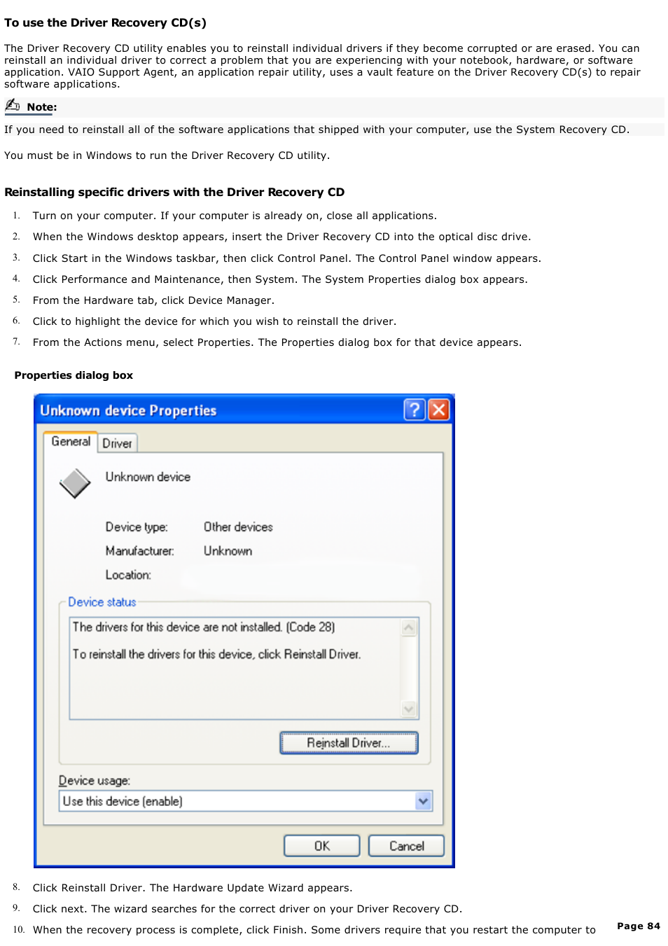 To use the driver recovery cd(s) | Sony PCG-FXA59 User Manual | Page 84 / 131