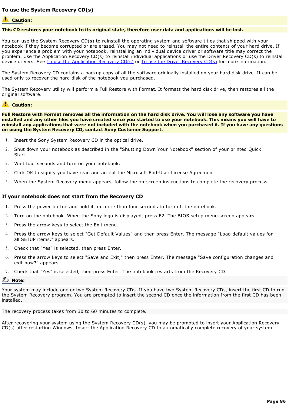 To use the system recovery cd(s) | Sony PCG-FXA59 User Manual | Page 86 / 131