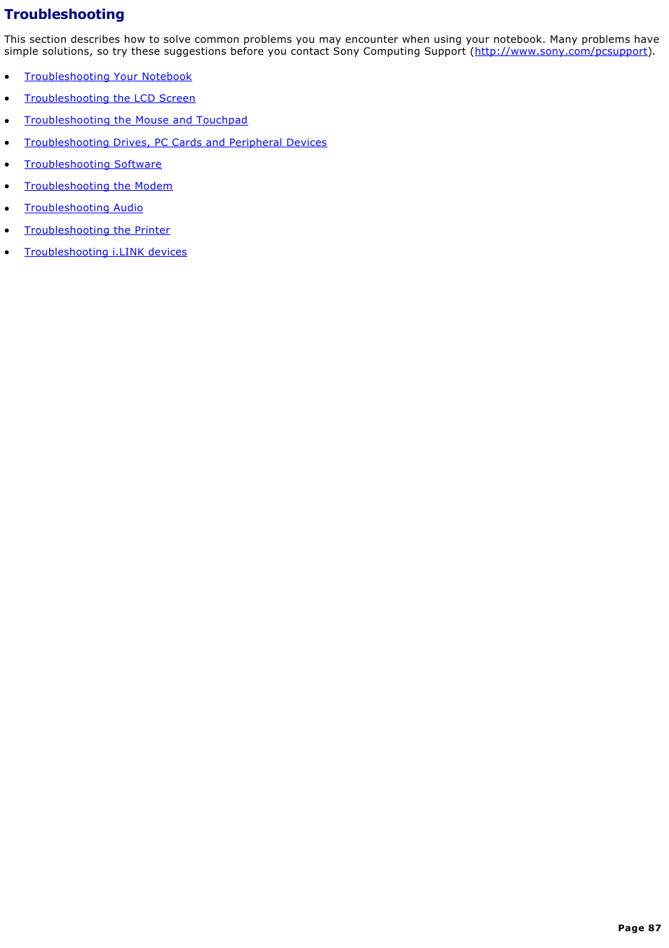 Troubleshooting | Sony PCG-FXA59 User Manual | Page 87 / 131