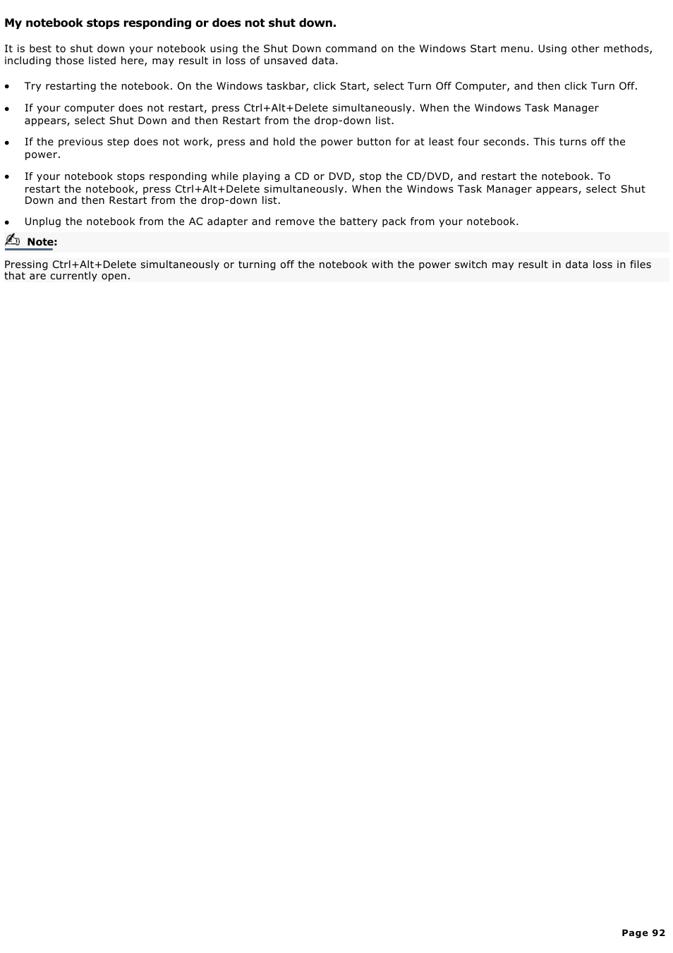 My notebook stops responding or does not shut down | Sony PCG-FXA59 User Manual | Page 92 / 131