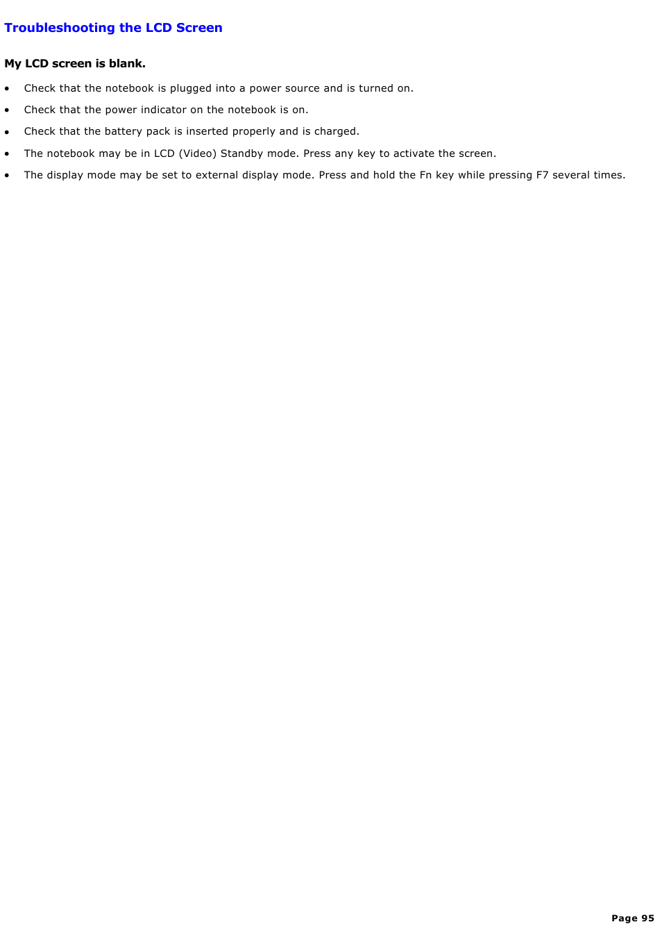 Troubleshooting the lcd screen | Sony PCG-FXA59 User Manual | Page 95 / 131