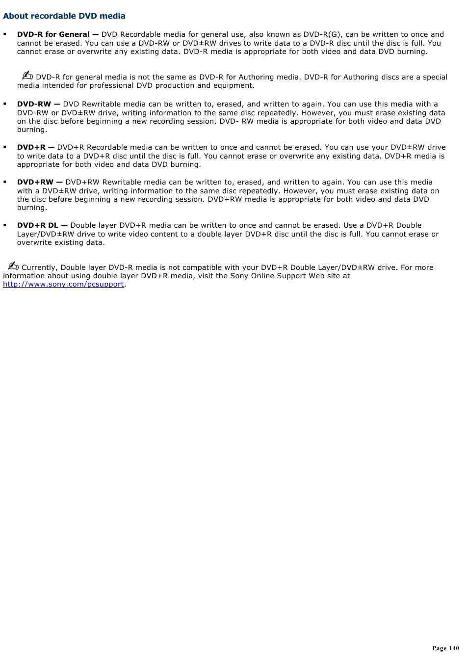 About recordable dvd media | Sony VGC-RA810G User Manual | Page 140 / 254