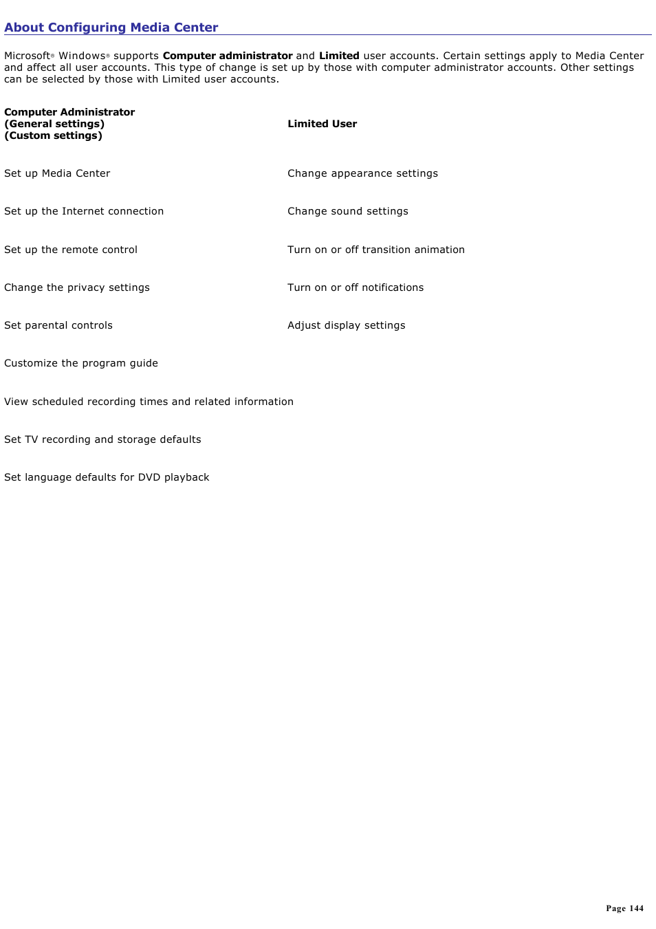 About configuring media center | Sony VGC-RA810G User Manual | Page 144 / 254