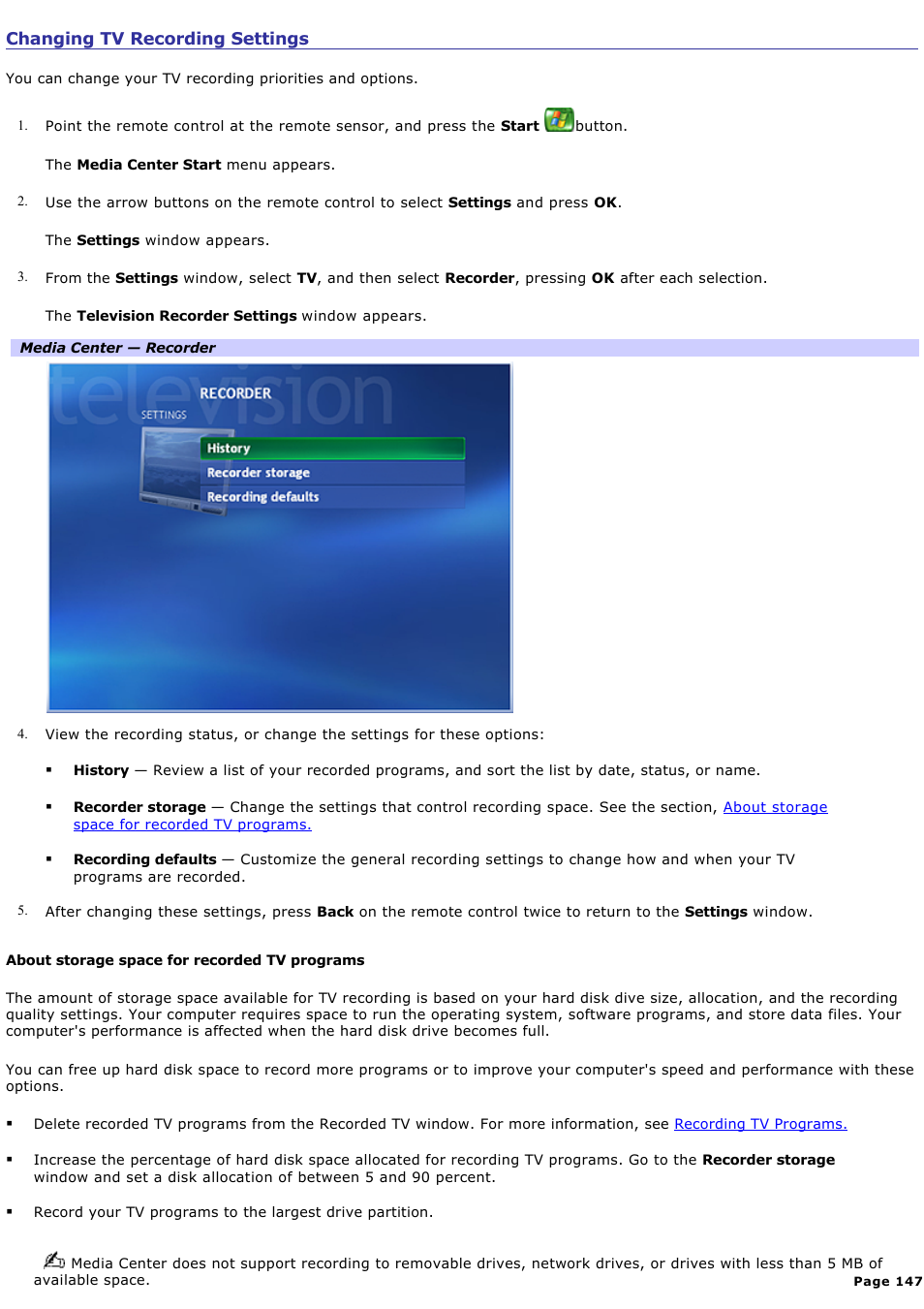 Changing tv recording settings | Sony VGC-RA810G User Manual | Page 147 / 254