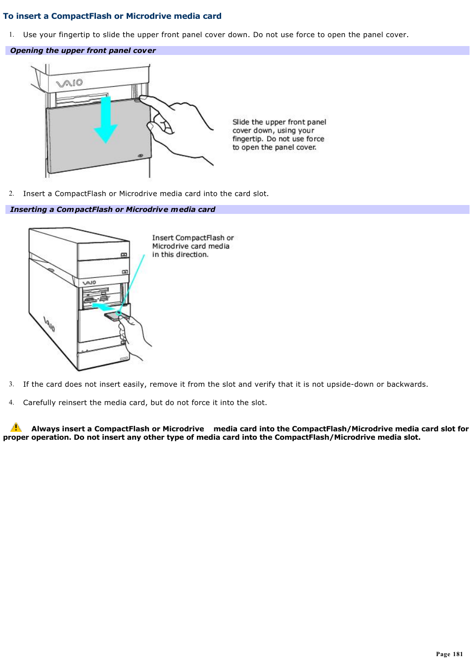 To insert a compactflash or microdrive media card | Sony VGC-RA810G User Manual | Page 181 / 254
