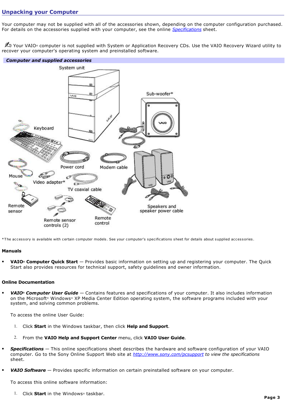 Unpacking your computer | Sony VGC-RA810G User Manual | Page 3 / 254