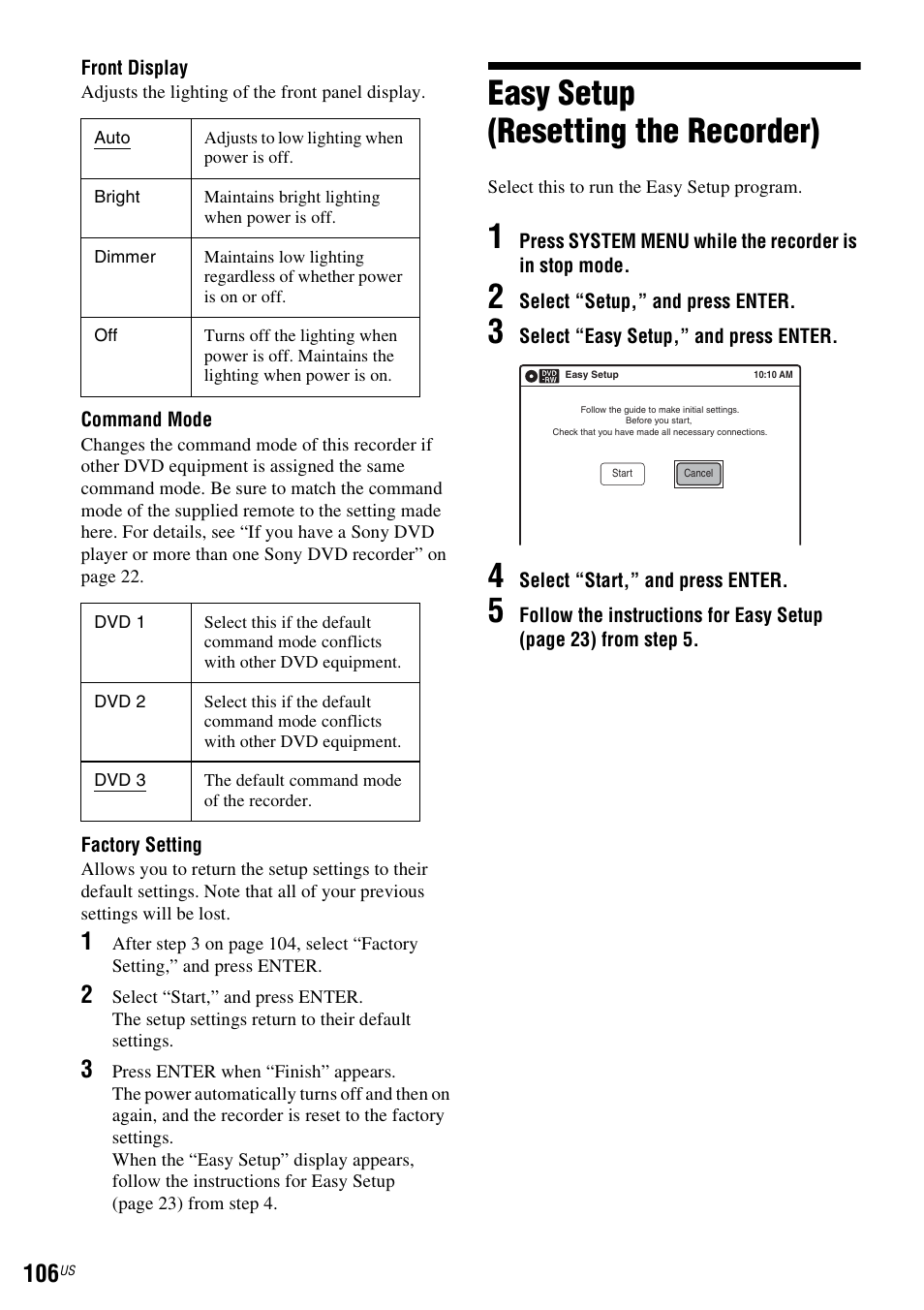 Easy setup (resetting the recorder) | Sony RDR-VX560 User Manual | Page 106 / 160