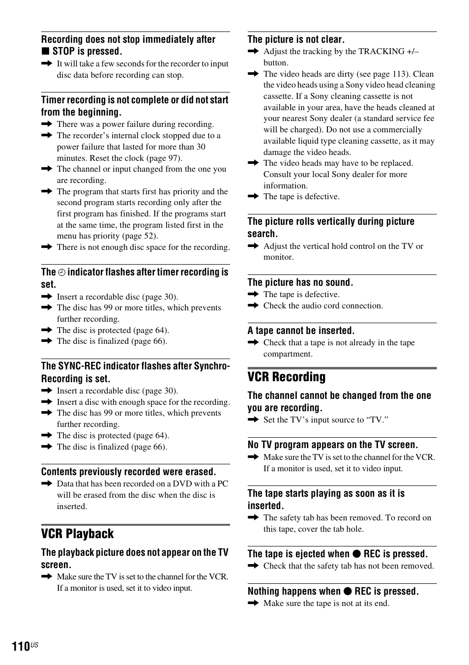 Vcr playback, Vcr recording | Sony RDR-VX560 User Manual | Page 110 / 160