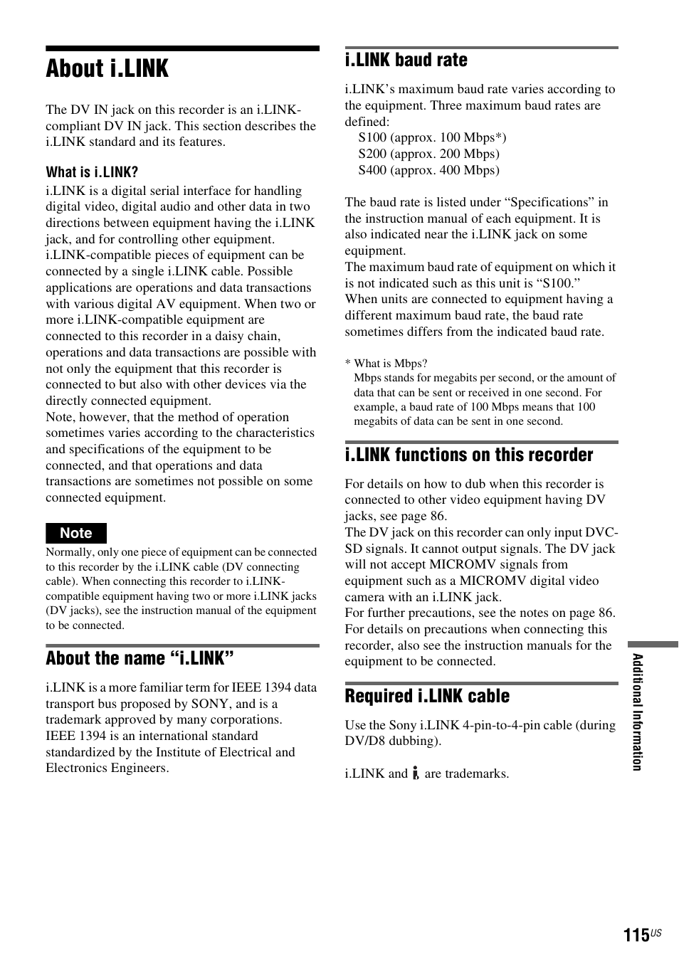 About i.link, About the name “i.link, I.link baud rate | I.link functions on this recorder, Required i.link cable | Sony RDR-VX560 User Manual | Page 115 / 160