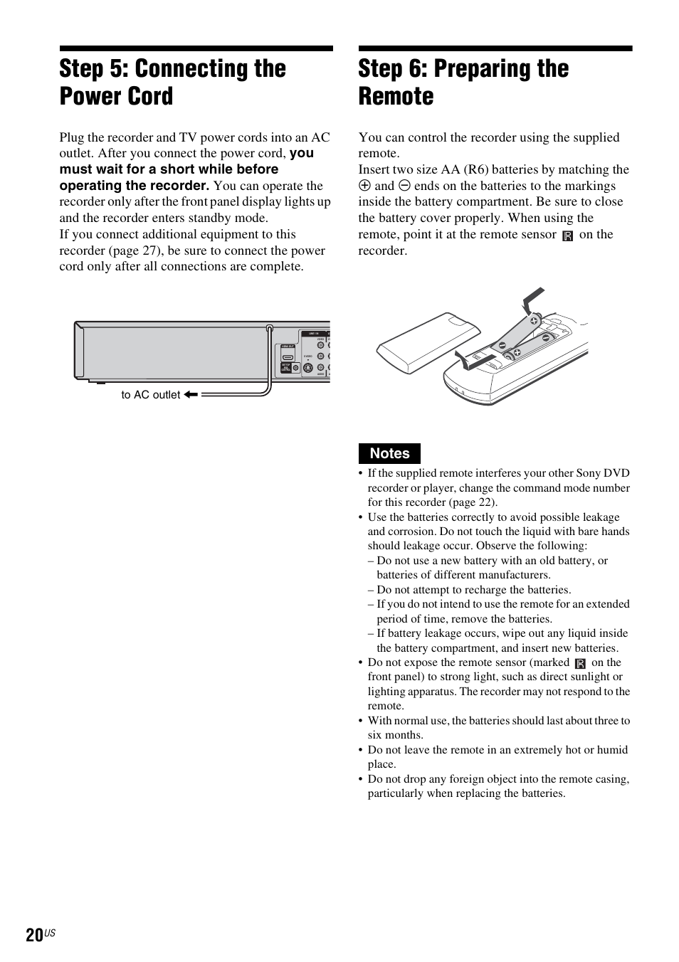 Step 5: connecting the power cord, Step 6: preparing the remote | Sony RDR-VX560 User Manual | Page 20 / 160