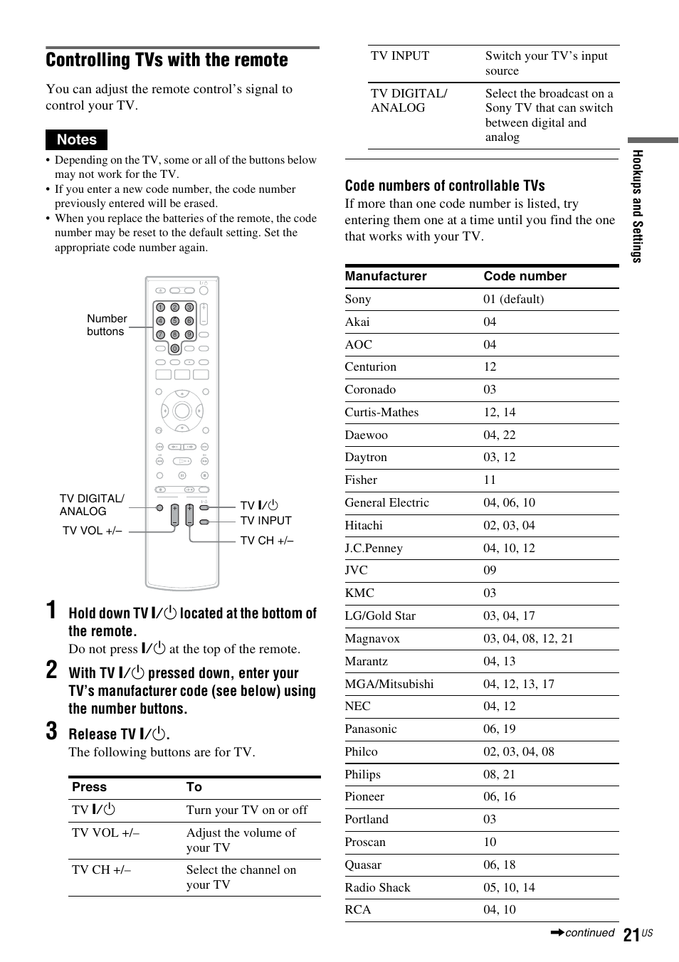 Controlling tvs with the remote, Release tv "/1, Code numbers of controllable tvs | Sony RDR-VX560 User Manual | Page 21 / 160