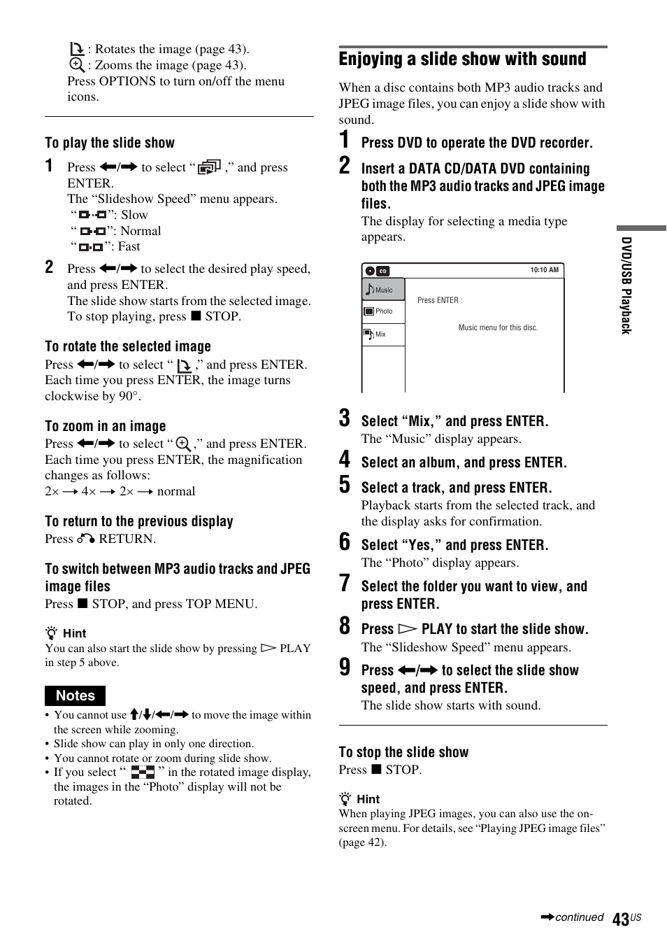 Enjoying a slide show with sound | Sony RDR-VX560 User Manual | Page 43 / 160