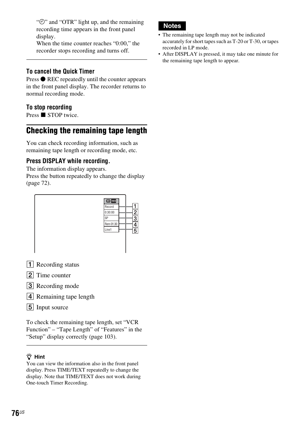 Checking the remaining tape length | Sony RDR-VX560 User Manual | Page 76 / 160