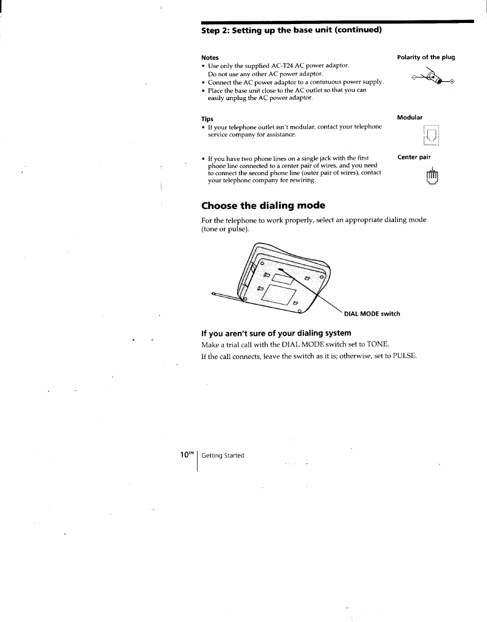 Notes, Polarity of the plug, Tips | Modular, Center pair, Choose the dialing mode, Dial mode switch, If you aren't sure of your dialing system | Sony SPP-A940 User Manual | Page 10 / 48