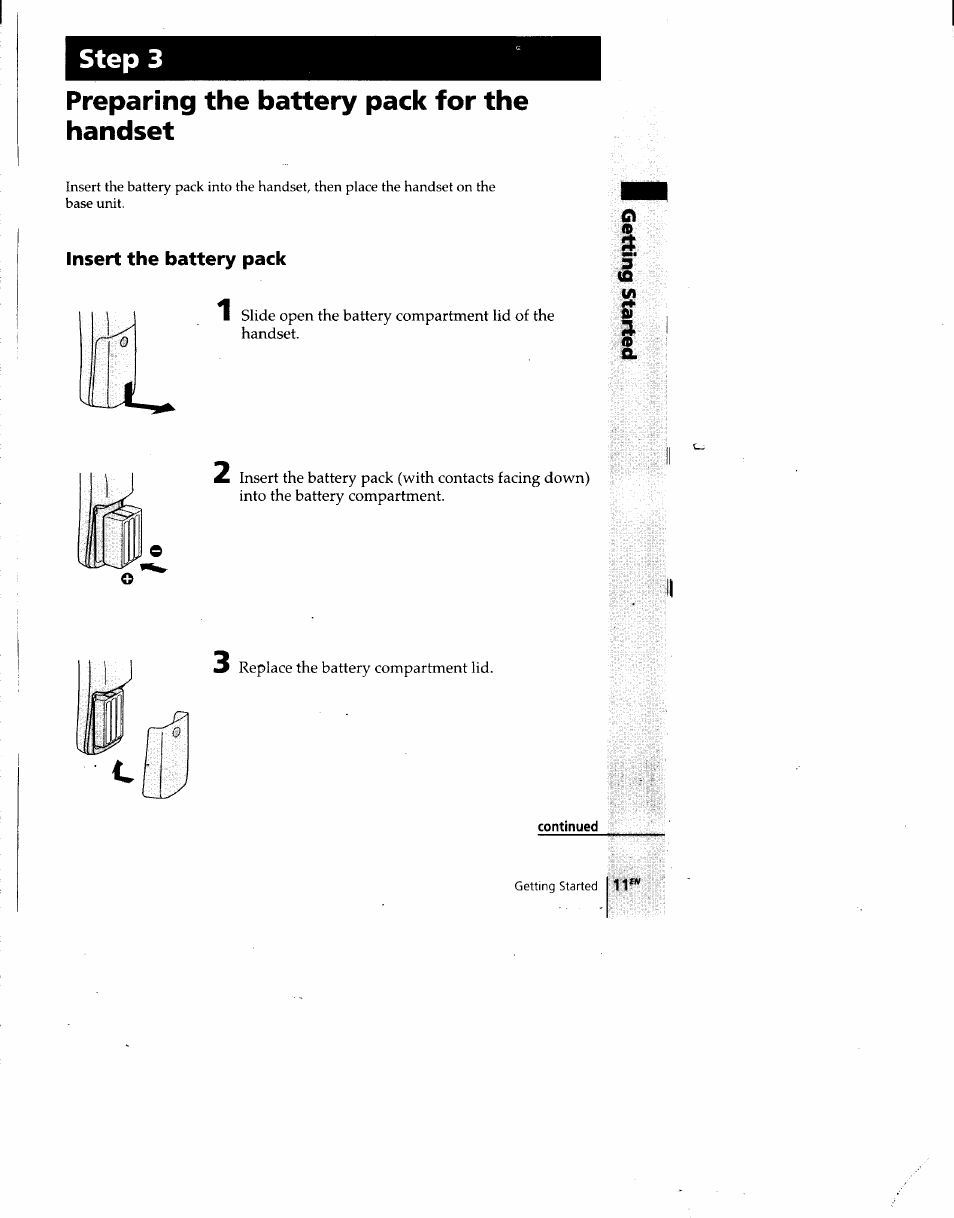 Preparing the battery pack for the handset, Insert the battery pack, Continued | Step 3 | Sony SPP-A940 User Manual | Page 11 / 48