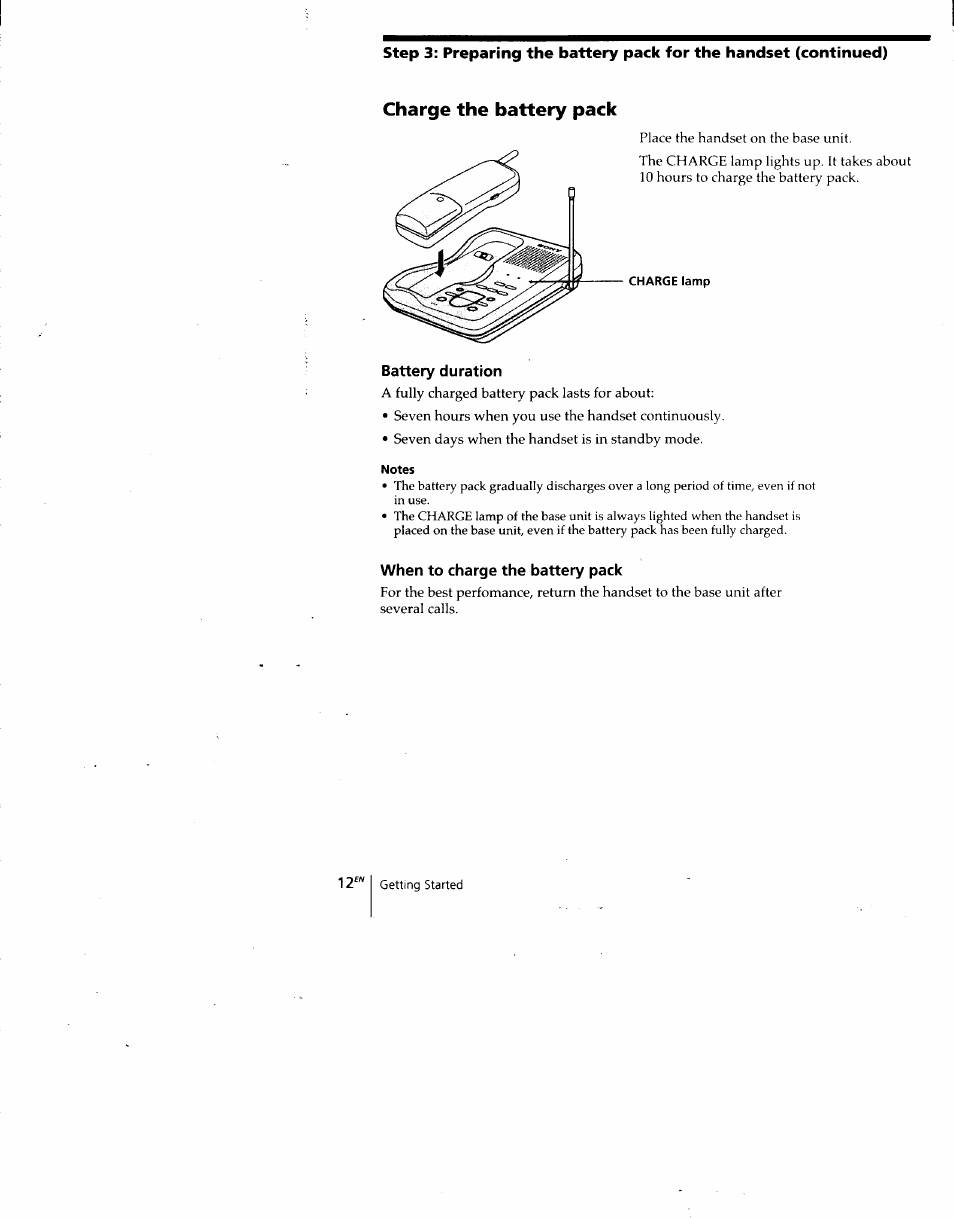 Charge the battery pack, Battery duration, Notes | When to charge the battery pack | Sony SPP-A940 User Manual | Page 12 / 48